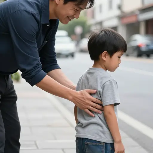 好心的陌生人拍了拍迷路孩子的背安慰他。