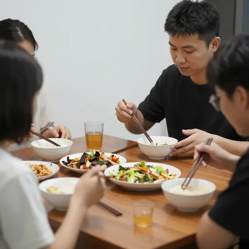 我们在桌边吃晚饭。