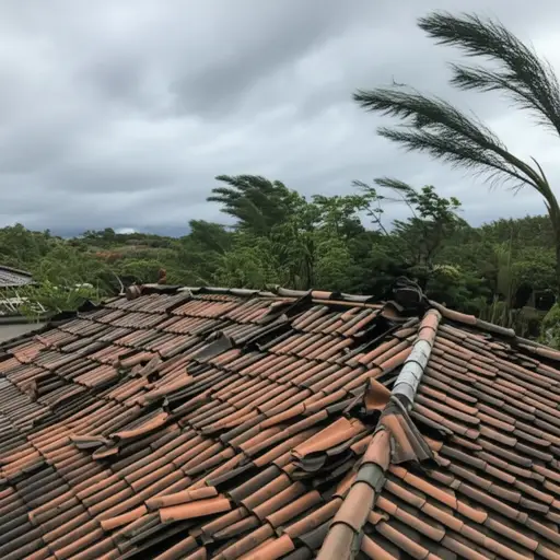 狂风把屋顶的瓦片都吹掉了。