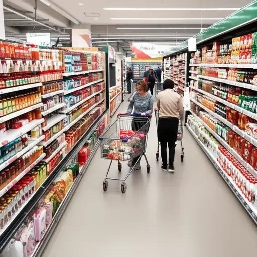 周末超市里总是挤满了采购日常用品的顾客。