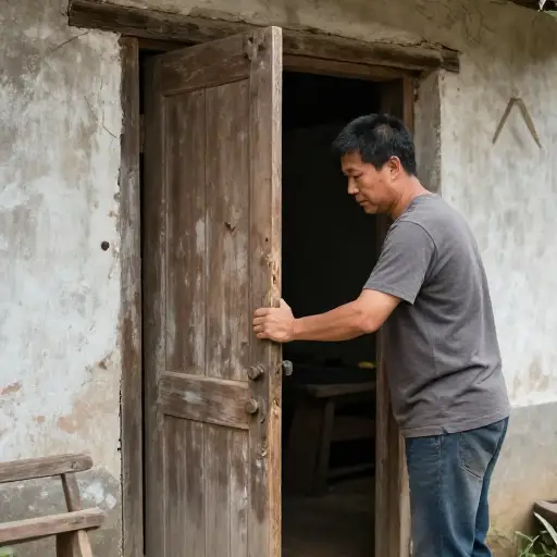 他推开了那间旧农舍吱吱作响的木门。