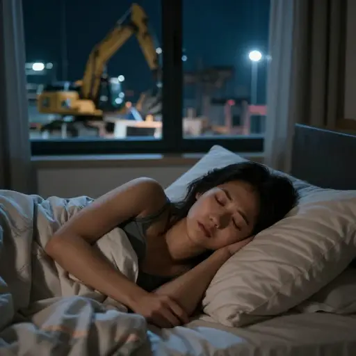 由于外面嘈杂的施工声，她忍受了一个不眠之夜。