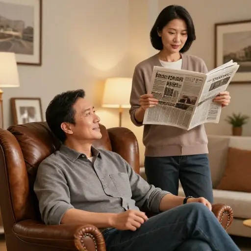 迈克尔坐在他最喜欢的椅子上，而他的妻子大声读出了发生的事情。