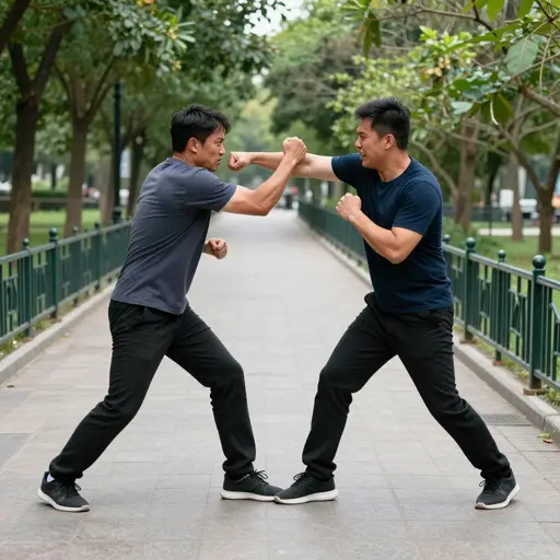 两个男人在公园外打架。