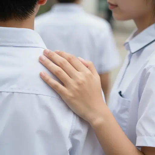 她把手放在他的肩膀上。