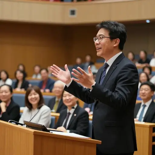演讲者在会议上用幽默来吸引听众的注意。
