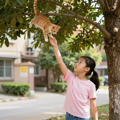 那个勇敢的女孩把小猫从树上救了下来。