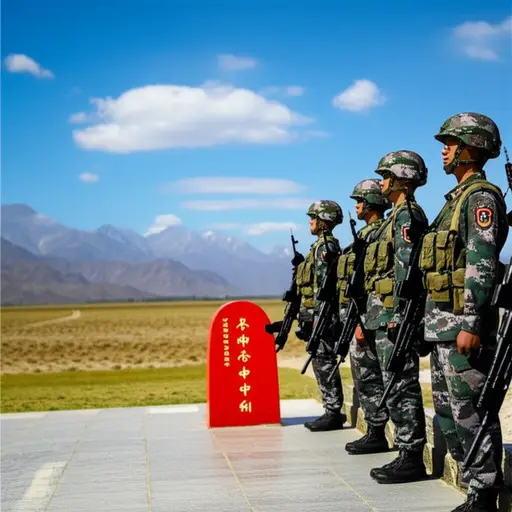 士兵们全副武装地站在边境线上。