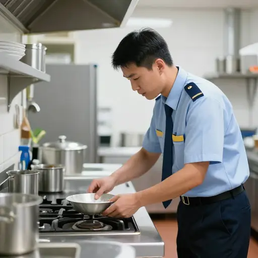 卫生检查员检查了厨房的清洁情况。