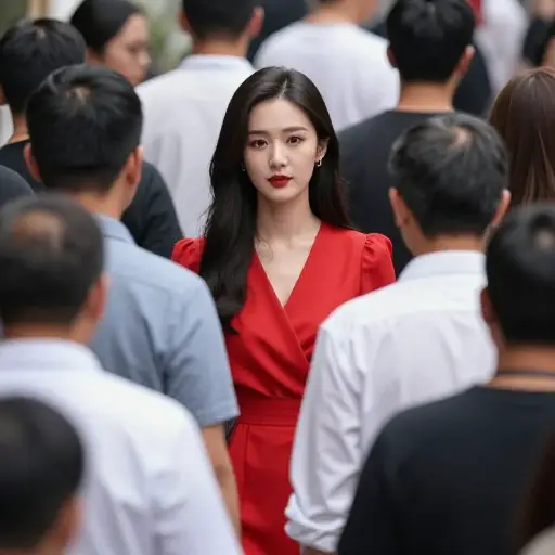 她的红裙在人群中很显眼。