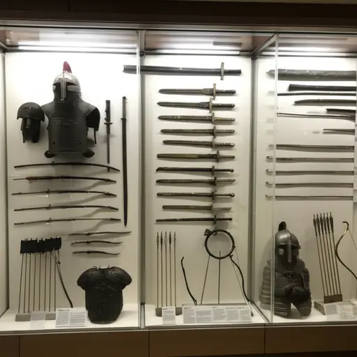 博物馆展出了古代战争的武器库。