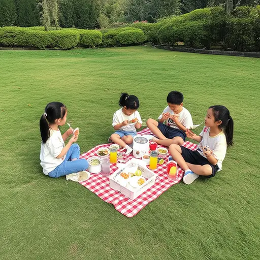 他和他的小伙伴们一起去公园野餐。