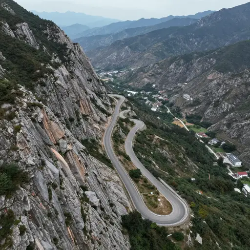 蜿蜒的山路绕过悬崖，穿过山间小村庄。