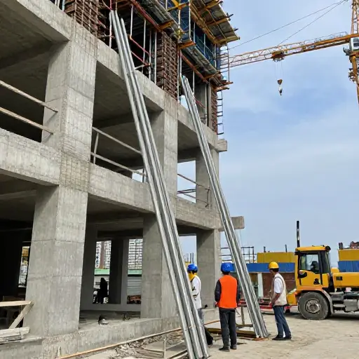 建筑工人竖起了钢杆，作为建筑立面的临时支撑。