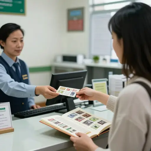 她在邮局买了一本邮票用于收藏。