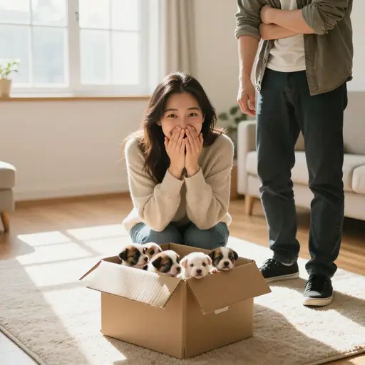 看到刚出生的小狗时，她发自内心的欢喜让屋里所有人都笑了起来。
