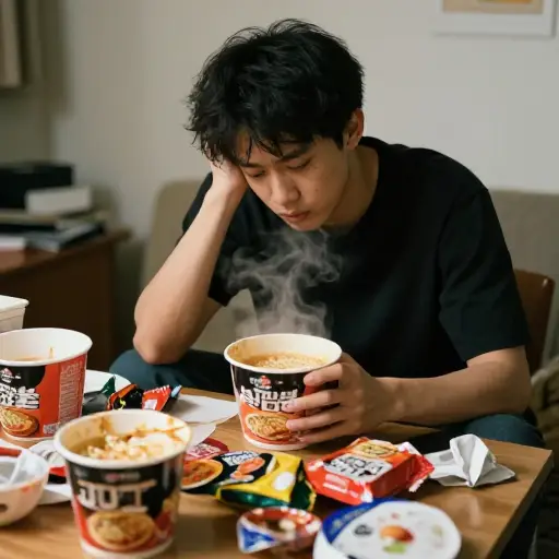 他可以连续几周只吃泡面。