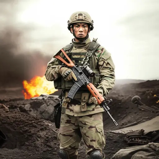 这位士兵在战场上英勇无畏地战斗到最后。