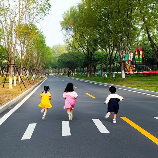 孩子们跑过马路去对面的公园玩。