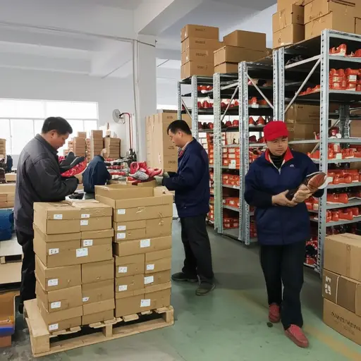 工人们在将鞋子摆上货架前先检查了尺寸。