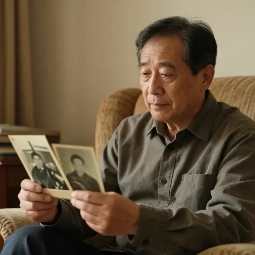 他看着老照片，眼中流露出怀念的神情。