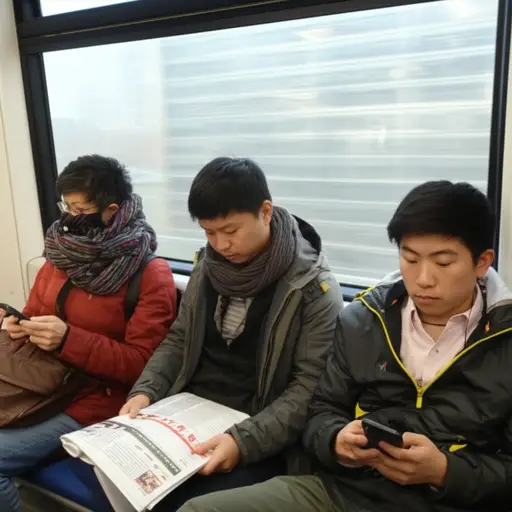 人们在路上要么看报纸，要么刷手机。