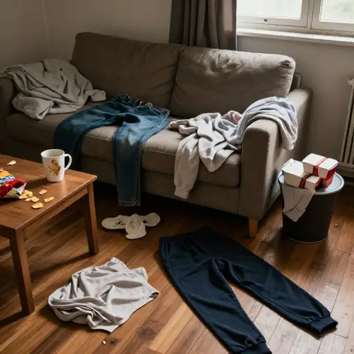 他从不打扫房间，总是把脏衣服扔得到处都是，看起来非常邋遢。