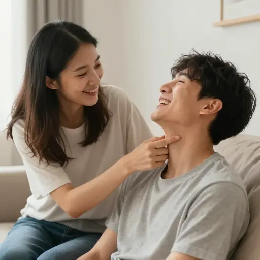 她用手指轻轻挠他的脖子逗他玩。