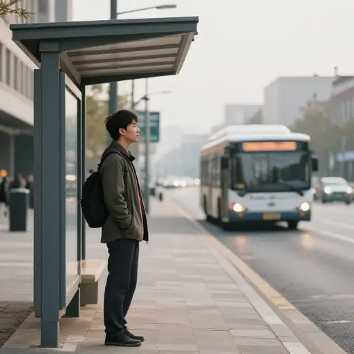 我每天早上上班前都会在公交站等车。