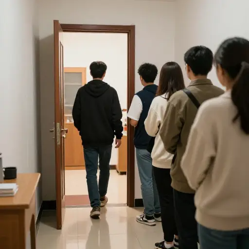 请一次一个人进入房间。
