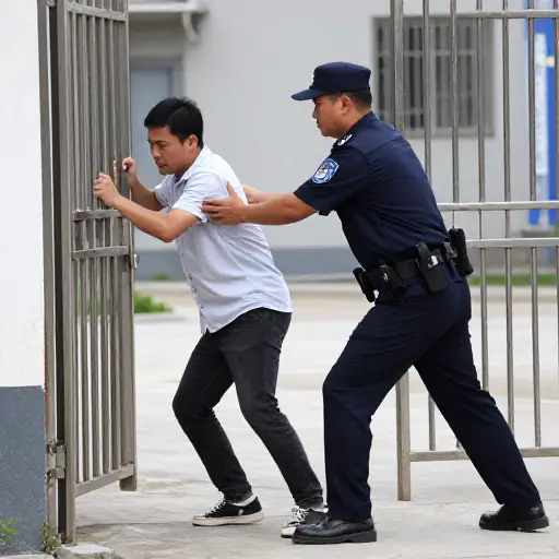 保安粗暴地将闯入者推出了大门。