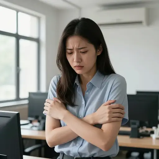 她容易在空调房里感到非常冷。