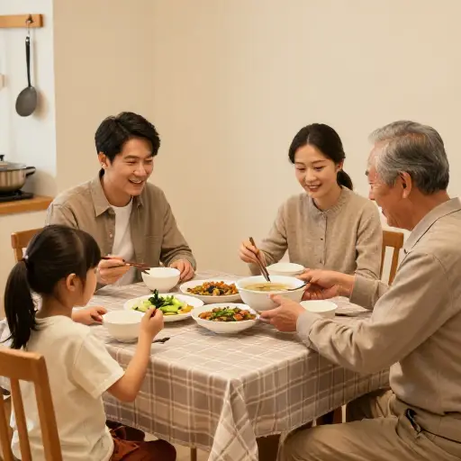 一家人围坐在餐桌旁吃晚饭。