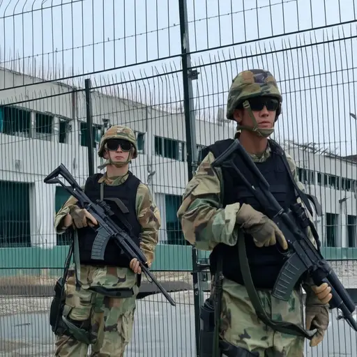 武装警卫在设施周边巡逻。