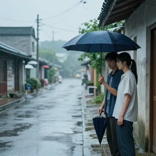 外面下着倾盆大雨——换句话说，我们应该带把伞。