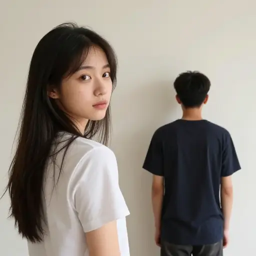 她转过身，看到这个男孩正倚靠在墙上。