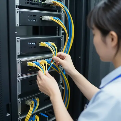 她协助团队安装网络电缆。
