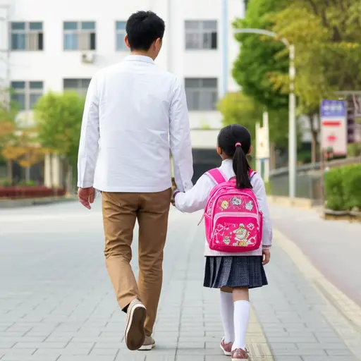 爸爸每天陪他的小女儿走去学校。