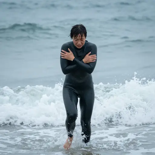 她从海里出来，冻得发青。