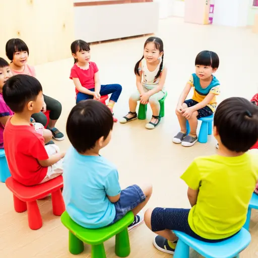 孩子们围着矮凳坐成一圈听故事。