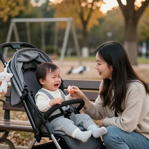 她给哭闹的孩子一块糖果，试图安抚他的情绪。