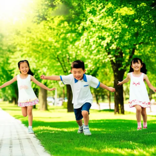 孩子们沿着人行道边的草地玩耍。