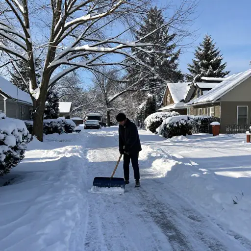 暴风雪过后，他抓起一把雪铲去清理车道。