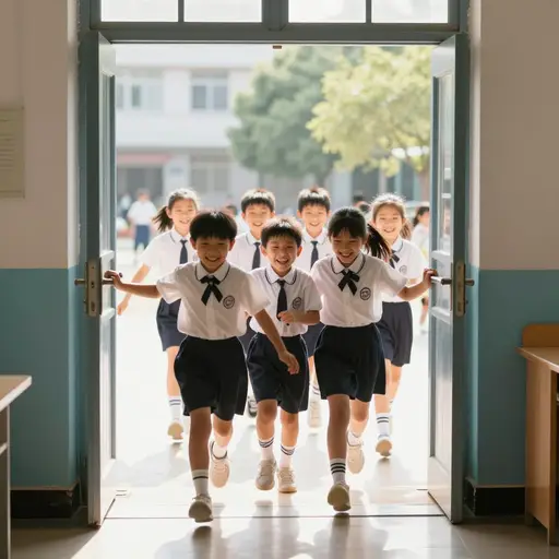 铃声一响，学生们就兴冲冲地冲向操场。