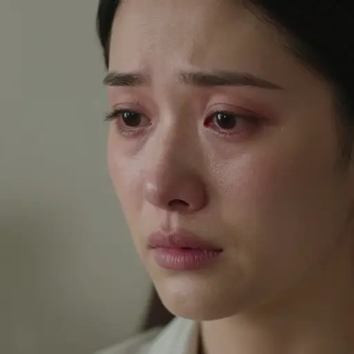 她眼睛红了，因为刚才一直在哭。