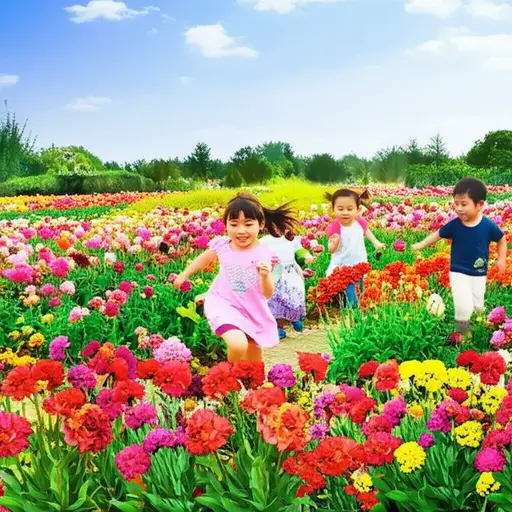 孩子们在花丛中玩耍。