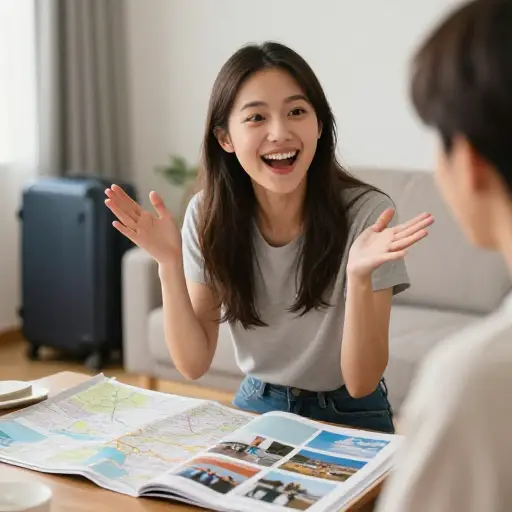 她兴高采烈地向我们讲述她的旅行经历。