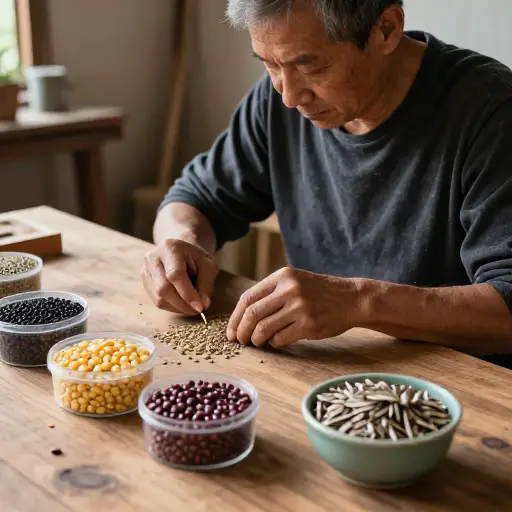 在种植前，他仔细地将各种种子分类。