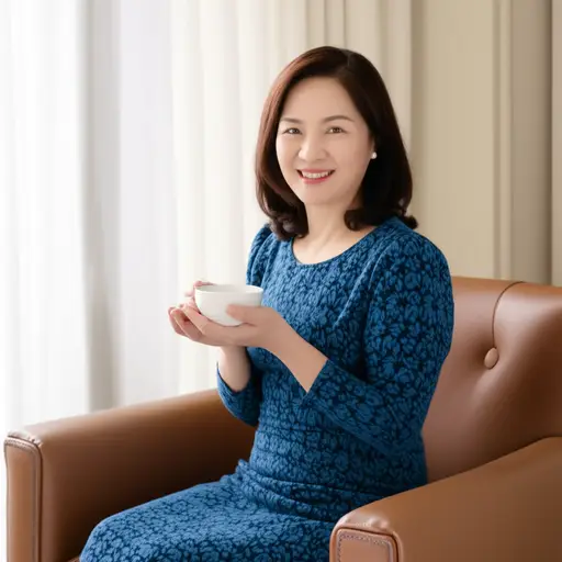 妈妈坐在扶手椅上喝茶。