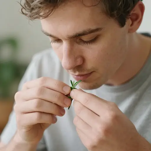 杰克用手指碾碎新鲜香草并闻了闻。